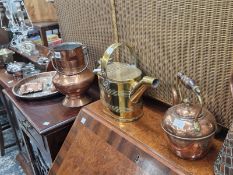 A PAIR OF TABLE LAMPS, AN ELECTROPLATE TEA AND A COFFEE POT, 2 COPPER JUGS, A BRASS HOT WATER CAN, 2
