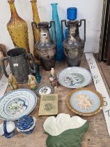 FOUR COLOURED GLASS DECANTERS, TWO CHINESE PLATES, THREE FIGURES, A PAIR OF PEWTER TWO HANDLED