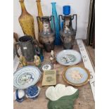 FOUR COLOURED GLASS DECANTERS, TWO CHINESE PLATES, THREE FIGURES, A PAIR OF PEWTER TWO HANDLED
