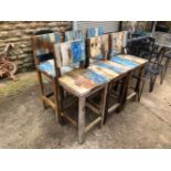 SIX WOODEN OUTDOOR BAR STOOLS.