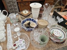 A DECANTER, GLASS TUMBLERS, DENBY WARES, A MODERN CANTON BOWL, ETC.