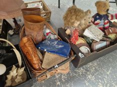 KITCHEN SCALES, HAND BAGS, DOLLS, SOFT TOYS, A PAIR OF LADYS BOOTS, CLOCKS AND MISCELLANEA