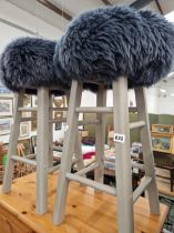 TWO GREY PAINTED BAR STOOLS WITH HAIRY CIRCULAR SEATS