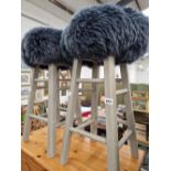 TWO GREY PAINTED BAR STOOLS WITH HAIRY CIRCULAR SEATS