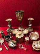 A PAIR OF HALLMARKED SILVER SHELL FORMED SALTS, A TROPHY CUP AND OTHER SILVER WARES