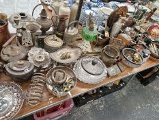 THREE SILVER TOPPED SCENT BOTTLES, MISCELLANEOUS ELECTROPLATE, FIVE OIL LAMPS, A CORINTHIAN COLUMN