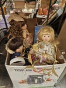 A COLLECTION OF DOLLS TOGETHER WITH GILT METAL AND GLASS DROP CEILING LIGHT