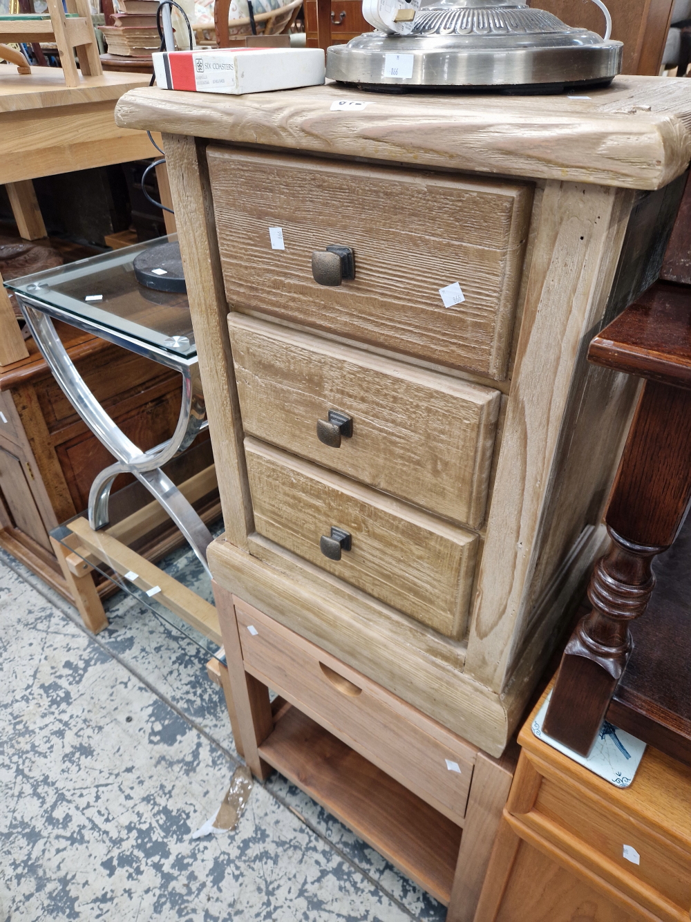 TWO STANDARD LAMPS, TWO GLASS TOPPED COFFEE TABLES, A PINE THREE DRAWER BEDSIDE CHEST TOGETHER