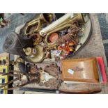 TWO BRASS BUGLES, AN ELECTROPLATE TRAY, TWO SHIELD MOUNTED DEER ANTLERS, CHILDRENS BOOKS, CUFFLINKS,