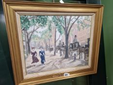 OIL ON BOARD, STREET SCENE WITH CARRIAGES