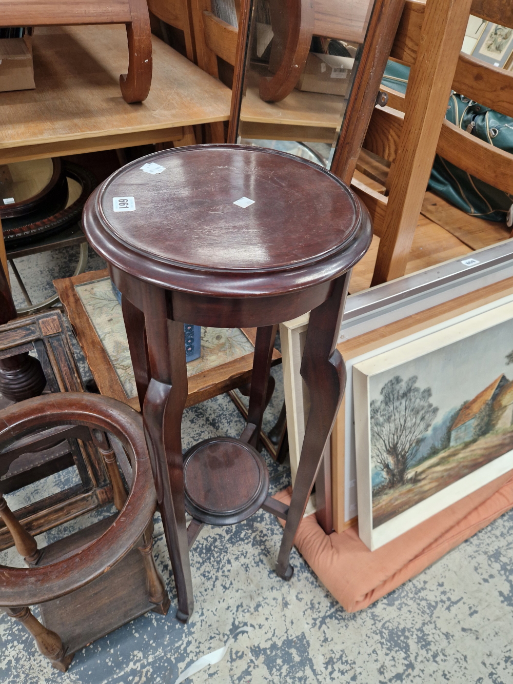 A MAHOGANY TWO TIER PLANTER STAND, A WASH BOWL TABLE, A MAHOGANY COLUMN, A COFFEE TABLE WITH A