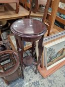 A MAHOGANY TWO TIER PLANTER STAND, A WASH BOWL TABLE, A MAHOGANY COLUMN, A COFFEE TABLE WITH A