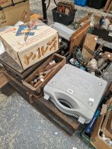 WOODEN AND METAL TOOL CHESTS, MISCELLANEOUS POWER TOOLS, A WOOD JOINTING JIG, SHOE LASTS, ETC