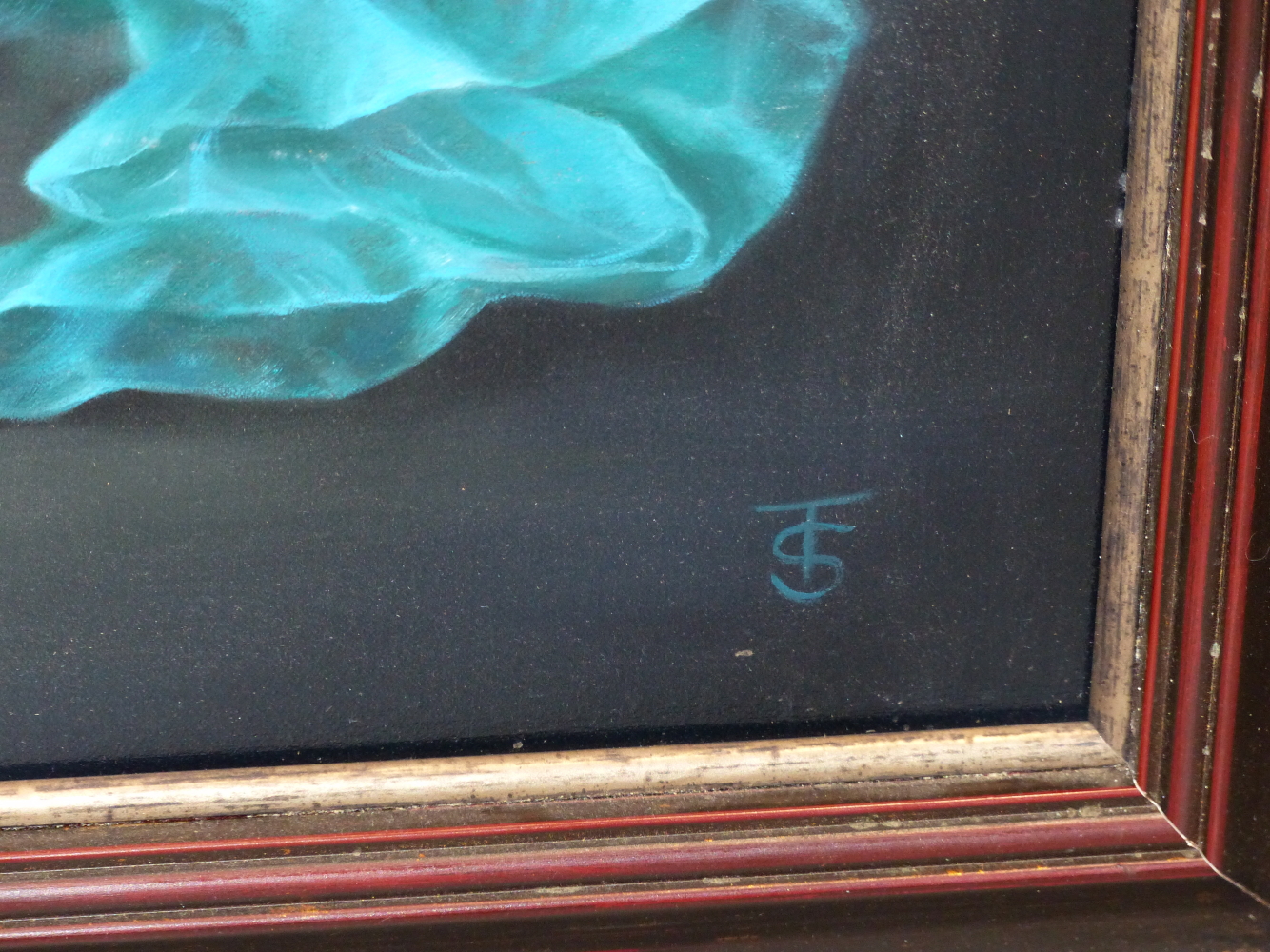 TINA SPRATT (B.1976) ARR, "TEAL", RECLINING WOMAN IN EVENING DRESS, SIGNED WITH MONOGRAM, OIL ON - Image 6 of 7