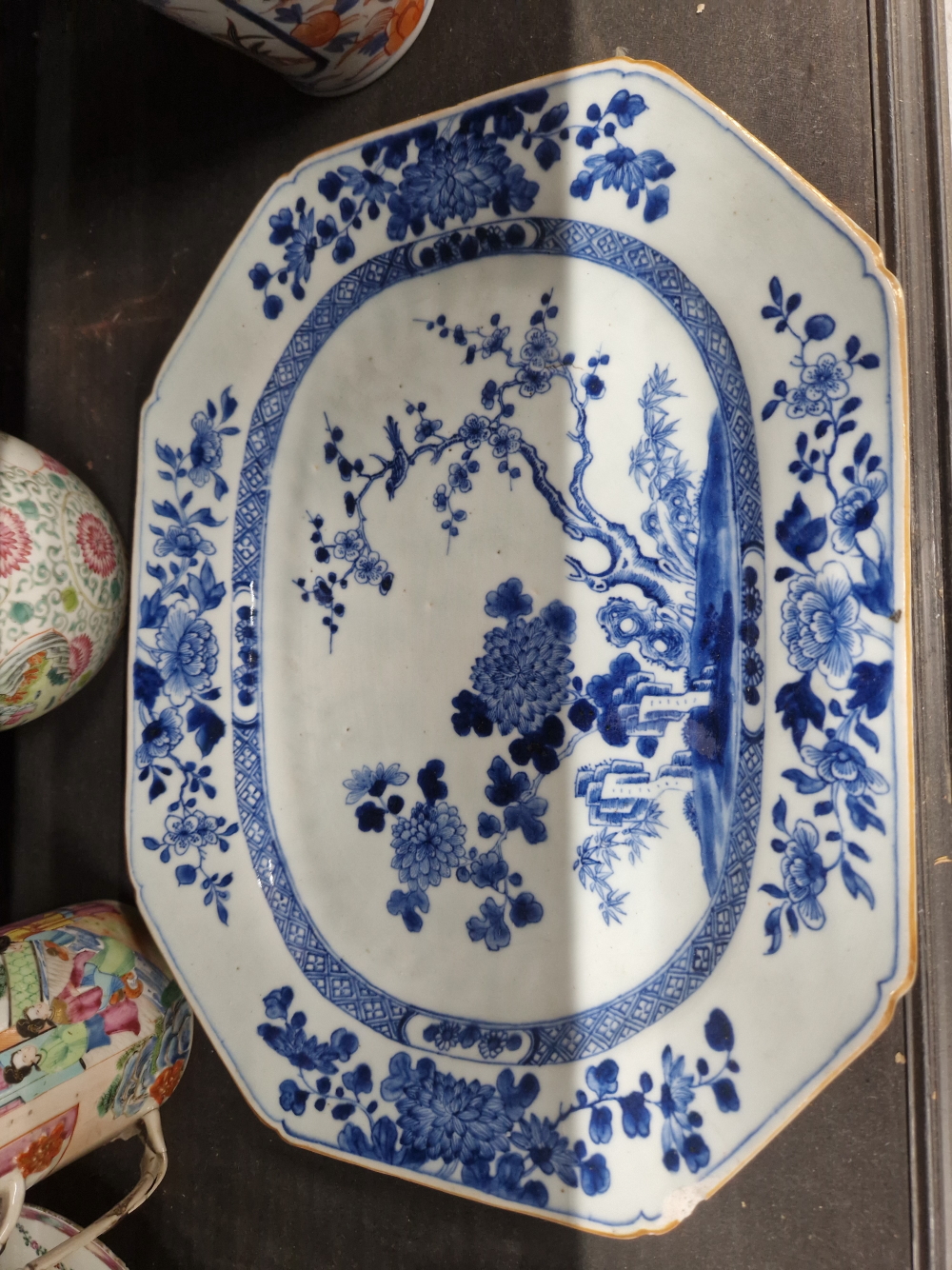 AN 18th C. CHINESE BLUE AND WHITE PLATTER, TWO PLATES, A FAMILLE ROSE PLATE, TWO BOWLS, A SPOON, A - Image 6 of 29