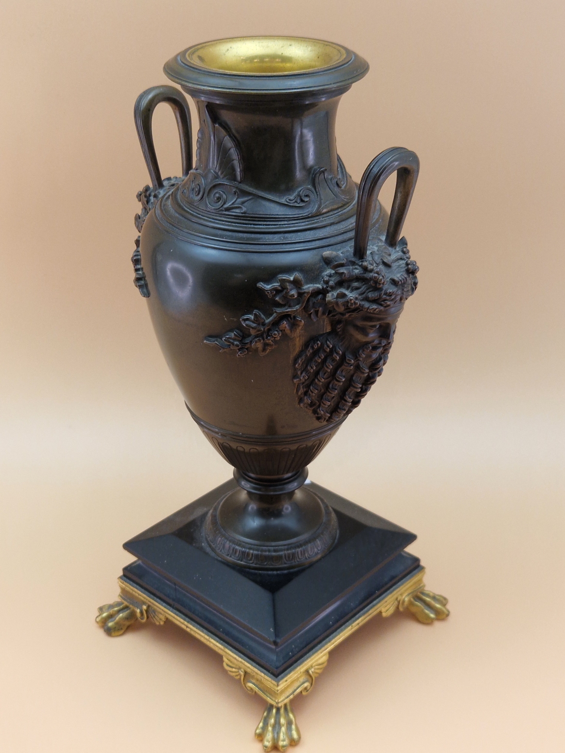 A BRONZE BALUSTER VASE, THE TWO HANDLES WITH BEARDED MASK TERMINALS, THE FOOT RESTING ON BLACK - Image 5 of 9