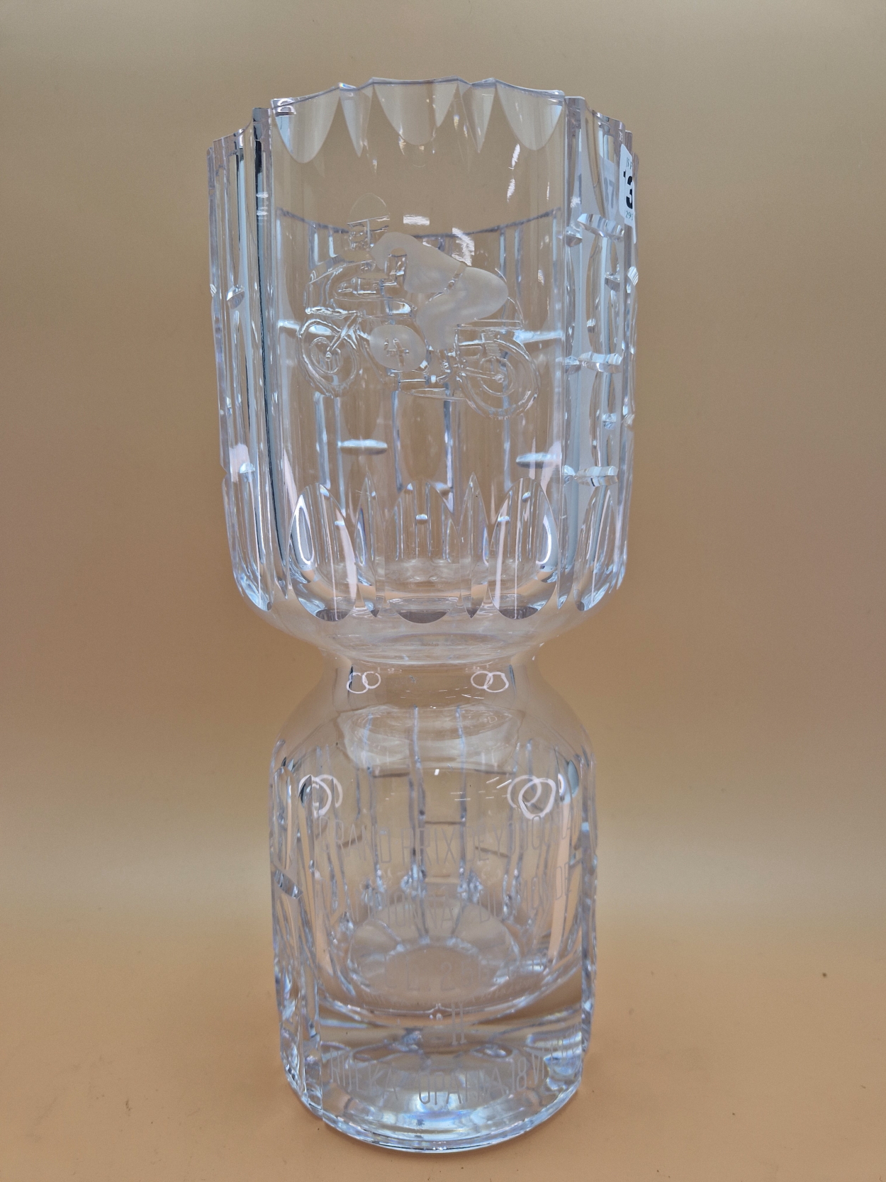 ROD GOULD. A LARGE GLASS TROPHY VASE PRESENTED TO ROD FOR 2ND PLACE IN THE 1972 YUGOSLAV GRAND