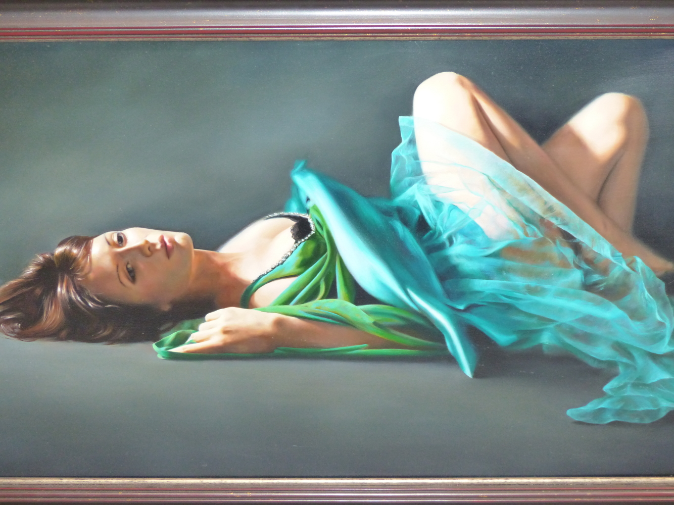 TINA SPRATT (B.1976) ARR, "TEAL", RECLINING WOMAN IN EVENING DRESS, SIGNED WITH MONOGRAM, OIL ON