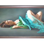 TINA SPRATT (B.1976) ARR, "TEAL", RECLINING WOMAN IN EVENING DRESS, SIGNED WITH MONOGRAM, OIL ON