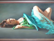 TINA SPRATT (B.1976) ARR, "TEAL", RECLINING WOMAN IN EVENING DRESS, SIGNED WITH MONOGRAM, OIL ON