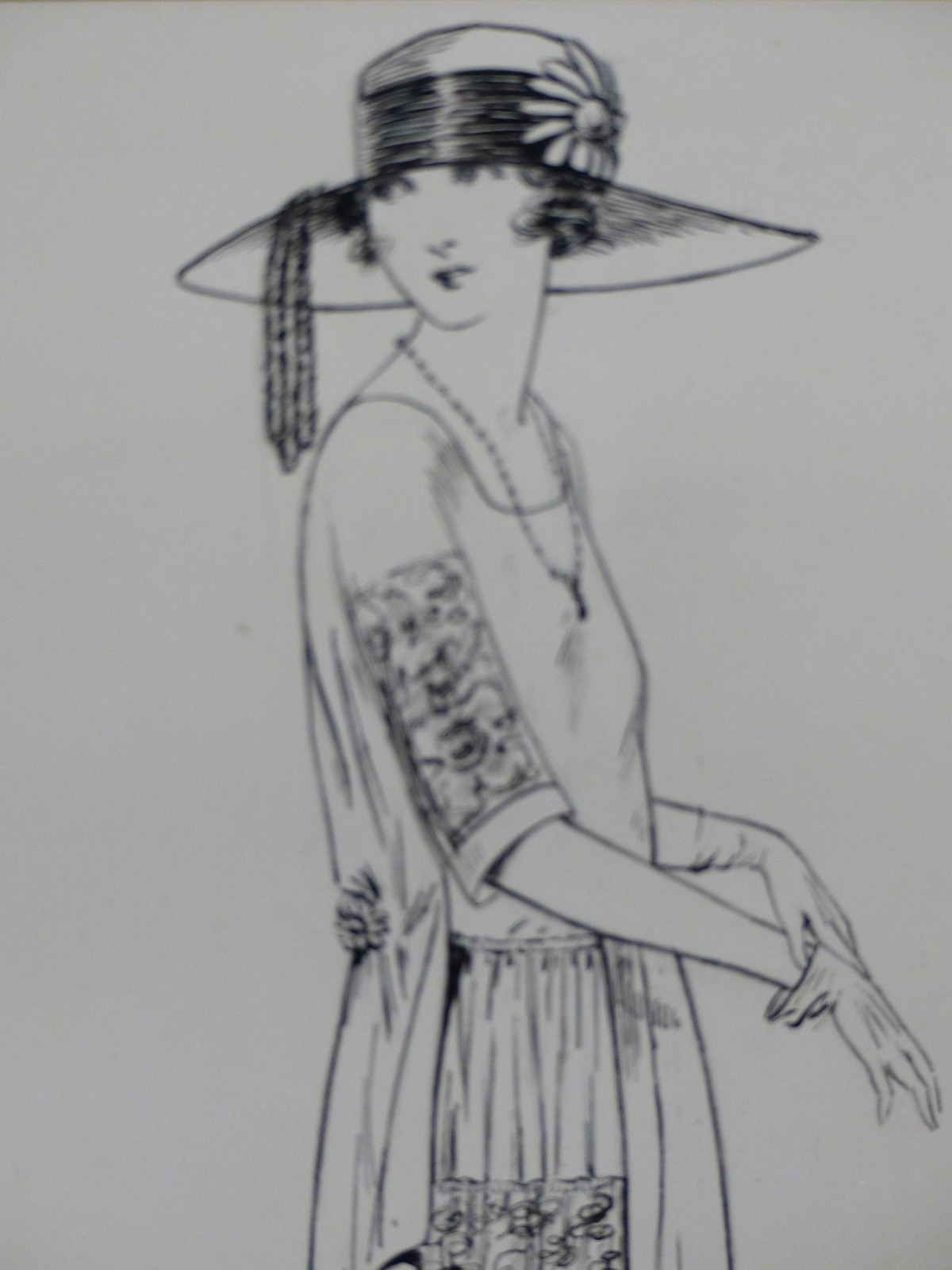 ATTRIBUTED TO ELLEN DYER, A 1920S LADY WALKING AS SHE PUTS ON HER GLOVES, PEN AND INK. 33 x 23cms. - Image 2 of 5