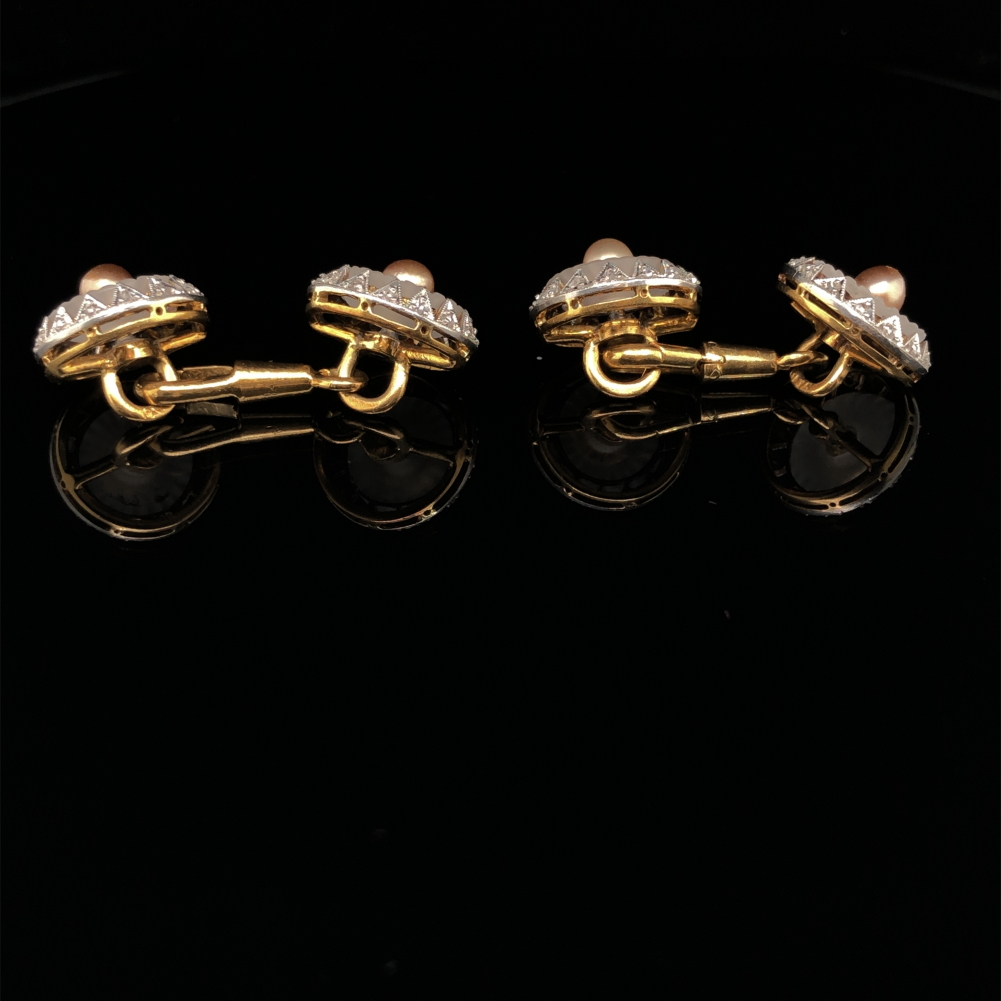 A PAIR OF CULTURED PEARL, DIAMOND AND CAMPHOR GLASS CUFFLINK / DRESS BUTTONS. EACH PAIR JOINED BY - Image 6 of 6