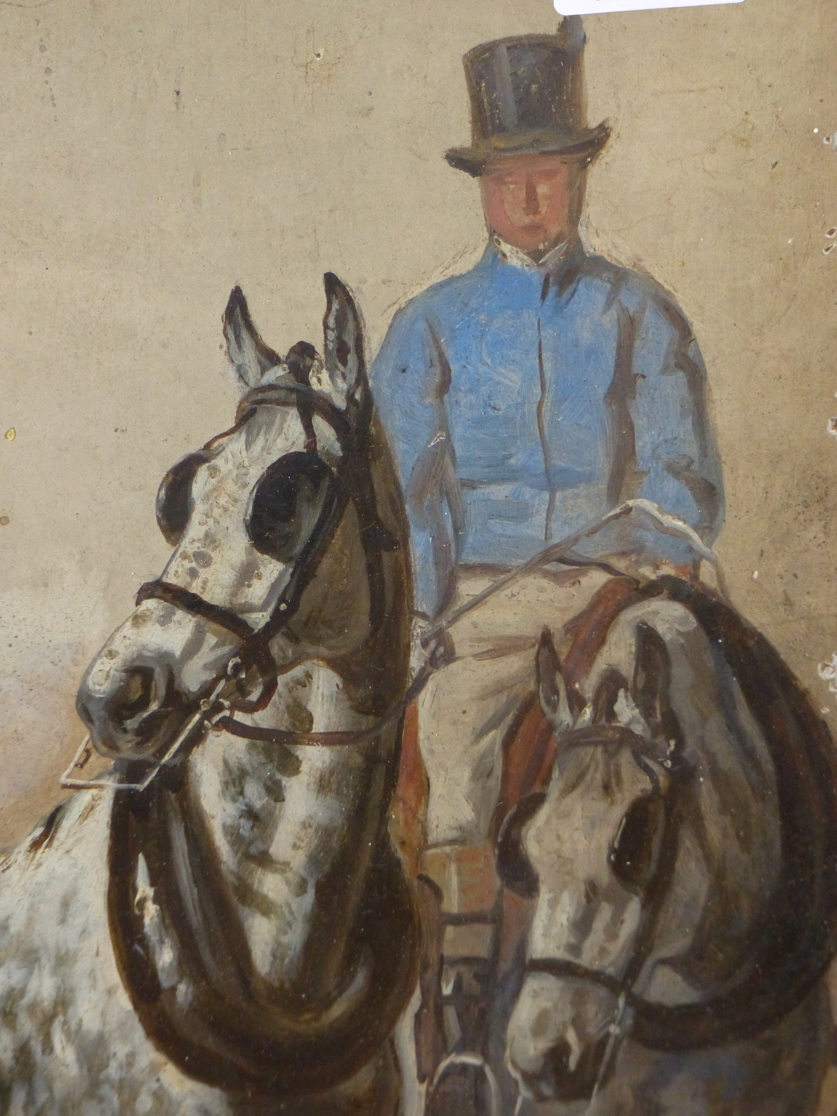 ENGLISH SCHOOL (19TH CENTURY), TWO GROOMS IN BLUE LIVERY WITH FOUR DAPPLE GREY CARRIAGE HORSES, - Image 7 of 11