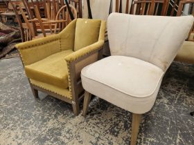 AN ART DECO STYLE LOW TUB ARMCHAIR AND ANOTHER OVERSTUFFED DRESSING CHAIR.