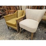 AN ART DECO STYLE LOW TUB ARMCHAIR AND ANOTHER OVERSTUFFED DRESSING CHAIR.