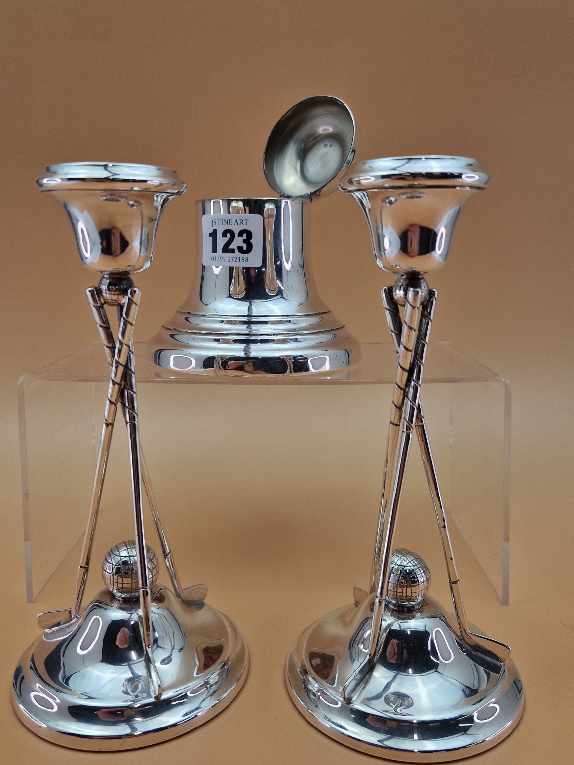 A SILVER BELL SHAPED INKWELL BY JOSEPH GLOSTER LTD, BIRMINGHAM 1937 TOGETHER WITH A PAIR OF