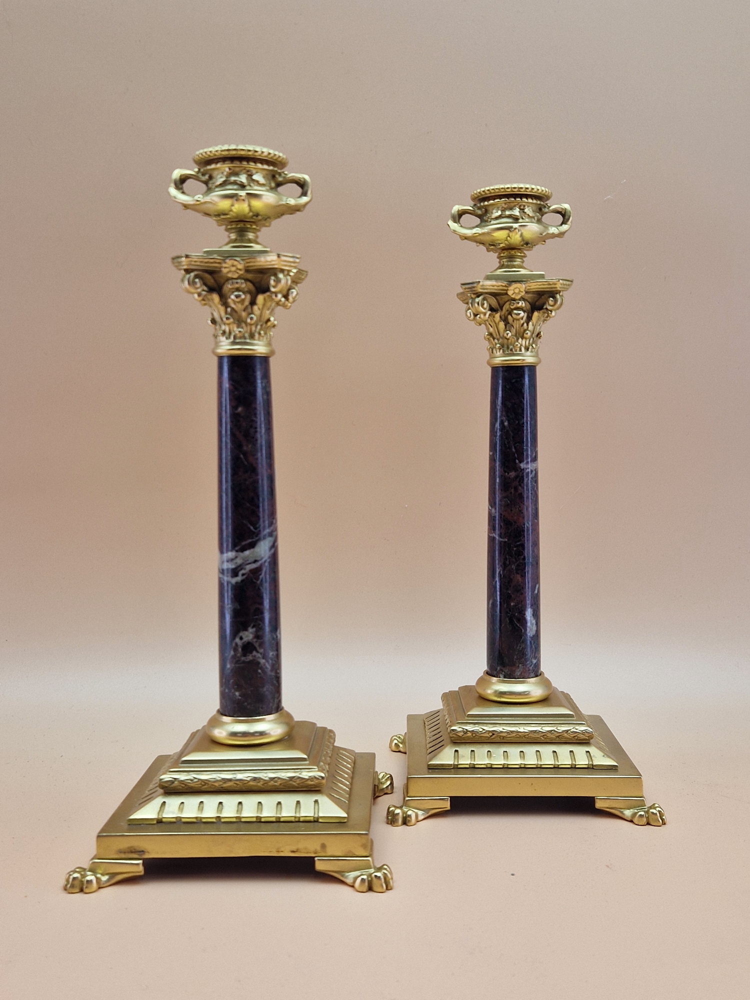 A PAIR OF RED MARBLE AND ORMOLU CANDLESTICKS, THE TWO HANDLED URN NOZZLES ABOVE CORINTHIAN CAPITALS, - Image 2 of 7