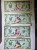 FOUR VINTAGE DISNEY DOLLAR 5 AND 1 DOLLAR NOTES