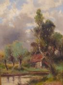 ABRAHAM HULK JUNIOR (1851-1922), A PAIR OF RURAL LANDSCAPES WITH COTTAGES, SIGNED, OIL ON CANVAS,