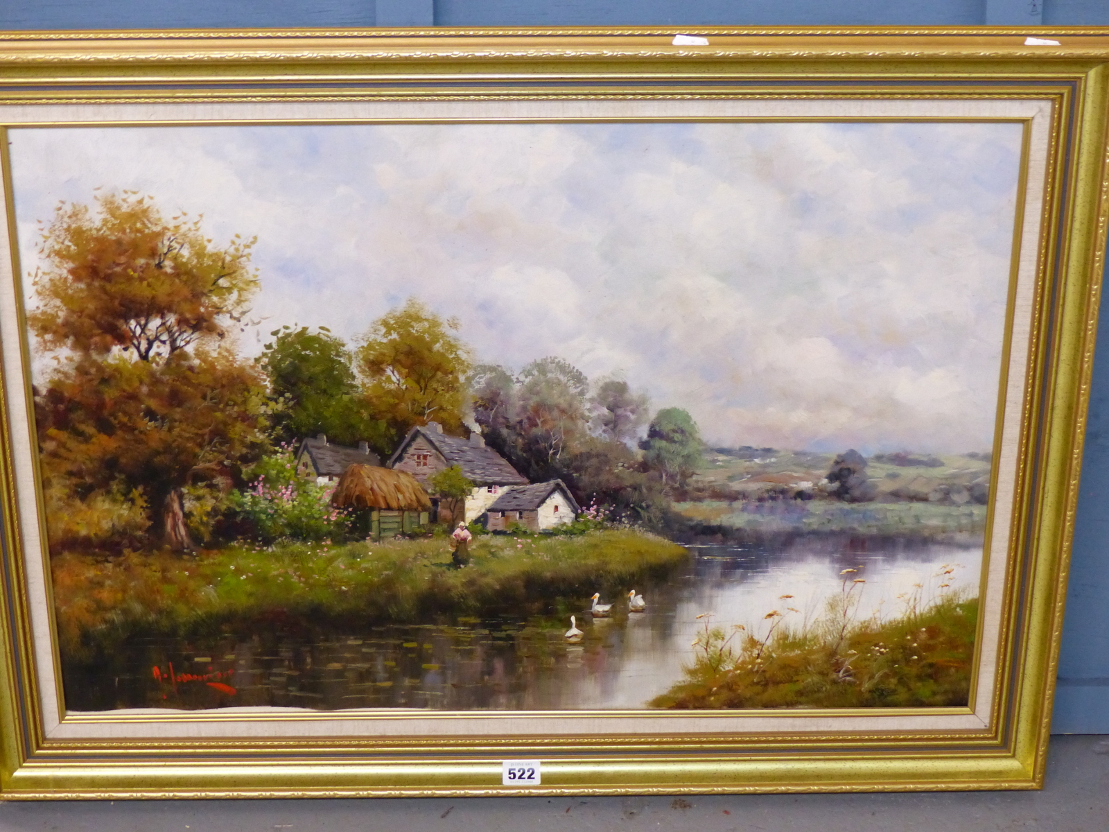 ITALIAN SCHOOL (20TH CENTURY), WOMAN FEEDING DUCKS IN A RIVER LANDSCAPE, INDISTINCTLY SIGNED, OIL ON - Image 2 of 5