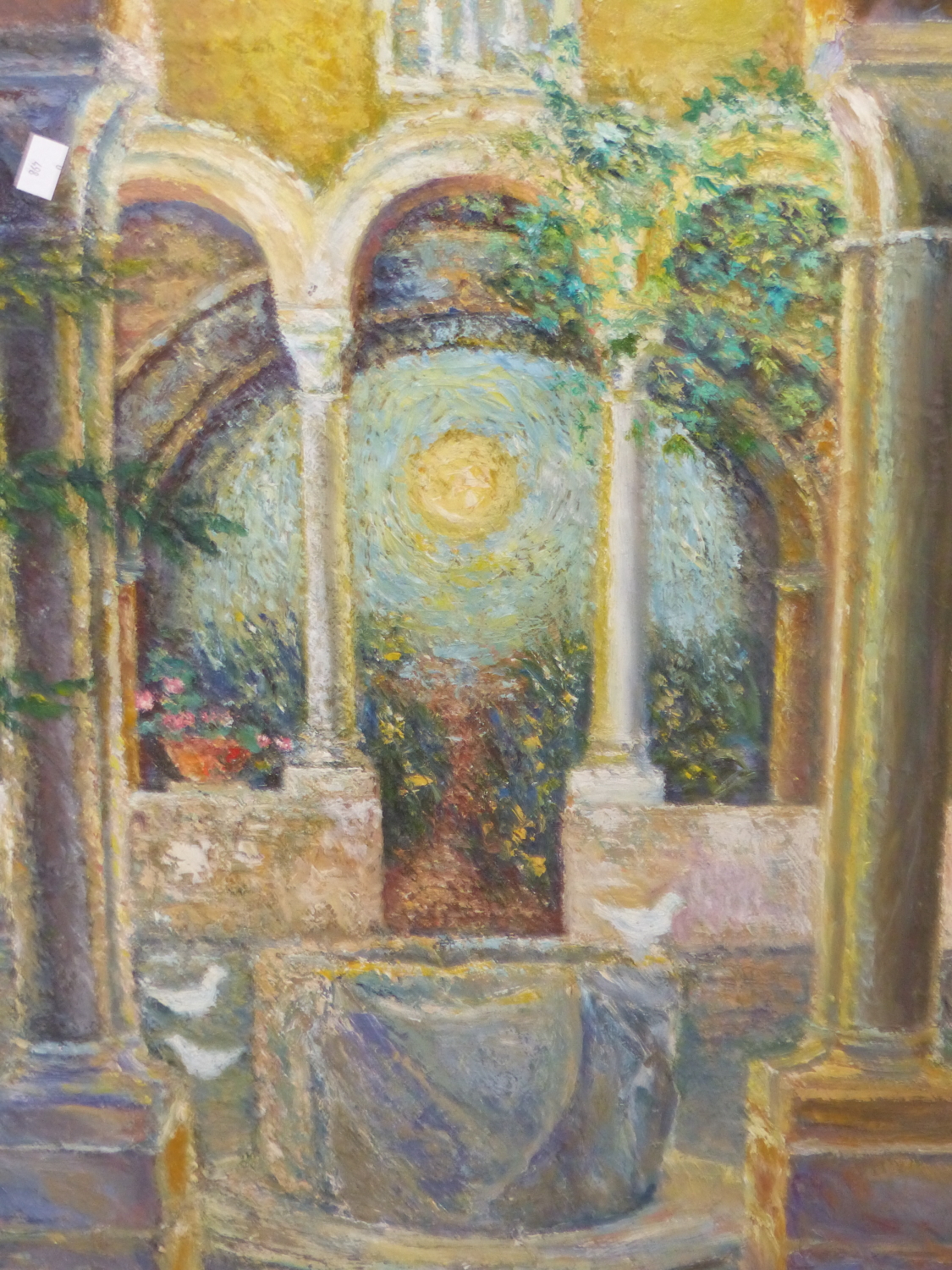CONTINENTAL SCHOOL (20TH CENTURY), INTERIOR COURTYARD SCENE WITH DOVES AROUND A WELL, IMPASTO OIL, - Image 5 of 6