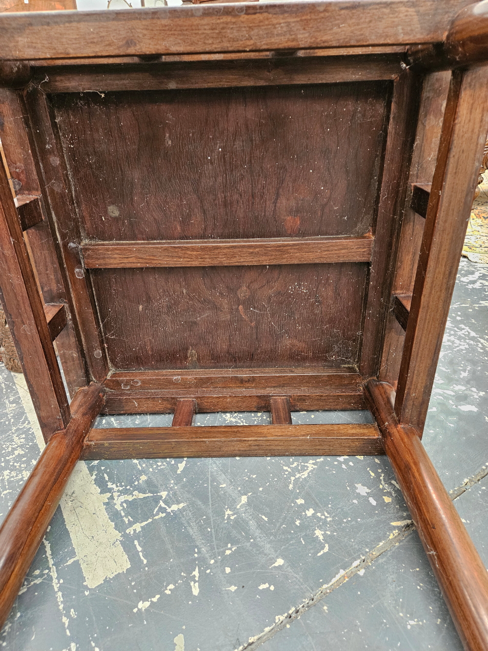 A CHINESE HARDWOOD TABLE, THE CANE INSET TOP ABOVE AN OPEN WORK APRON AND FOUR CYLINDRICAL LEGS.   W - Image 10 of 10