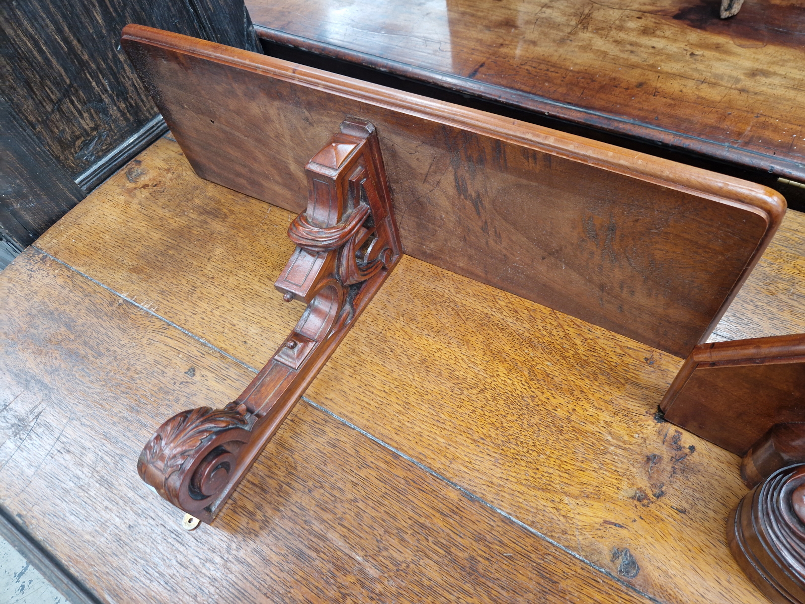 TWO LATE VICTORIAN MAHOGANY WALL SHELVES, ONE RECTANGULAR AND THE OTHER HALF ROUND - Image 3 of 4