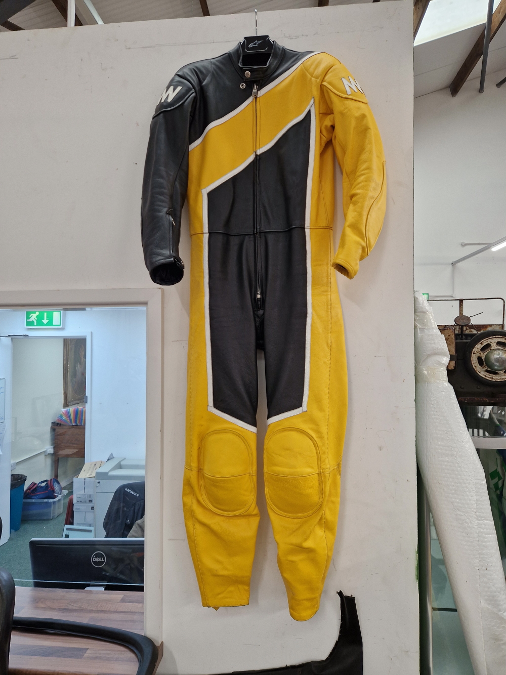 VINTAGE MIKE WILLIS MW LEATHERS. MOTORCYCLE RACING ONE PIECE SUIT YELLOW WHITE AND BLACK. - Image 6 of 6