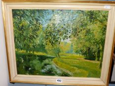 JOHN ATKINS (20TH CENTURY), THE CHERWELL AND CHRISTCHURCH MEADOWS, OIL ON BOARD, 44 x 34cms.