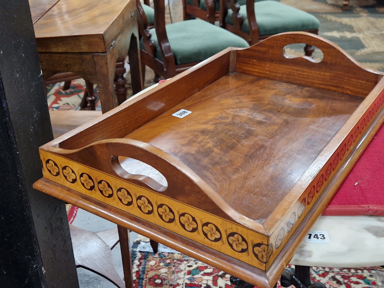 A MAHOGANY TWO HANDLED TRAY, THE SATIN WOOD EXTERIOR OF THE GALLERY INLAID WITH GUILLOCHE ROUNDELS - Image 4 of 5