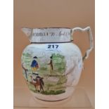 A CREAM WARE JUG PRINTED AND PAINTED WITH CARTOONS OF BONAPARTE DETHRON'D APRIL 1ST 1814, PREVIOUSLY