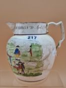 A CREAM WARE JUG PRINTED AND PAINTED WITH CARTOONS OF BONAPARTE DETHRON'D APRIL 1ST 1814, PREVIOUSLY