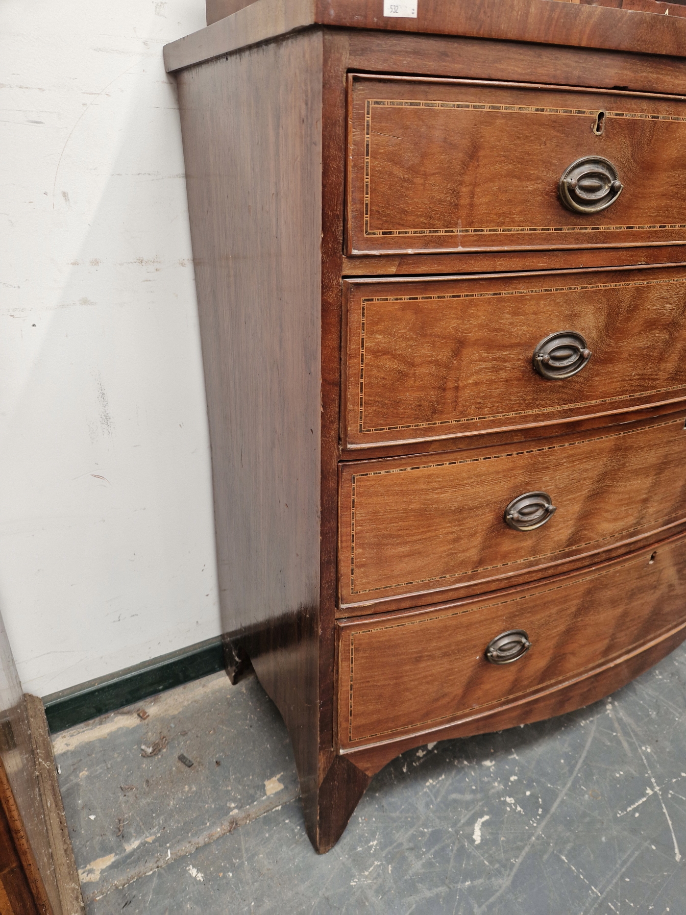 A 19th C CHEQUER LINE INLAID MAHOGANY BOW FRONT CHEST OF TWO SHORT AND THREE LONG DRAWERS ON BRACKET - Image 3 of 7