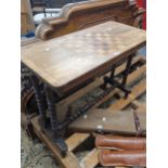 A VICTORIAN MAHOGANY TABLE WITH THE RECTANGULAR TOP INLAID WITH A CENTRAL CHESS BOARD, THE NARROW