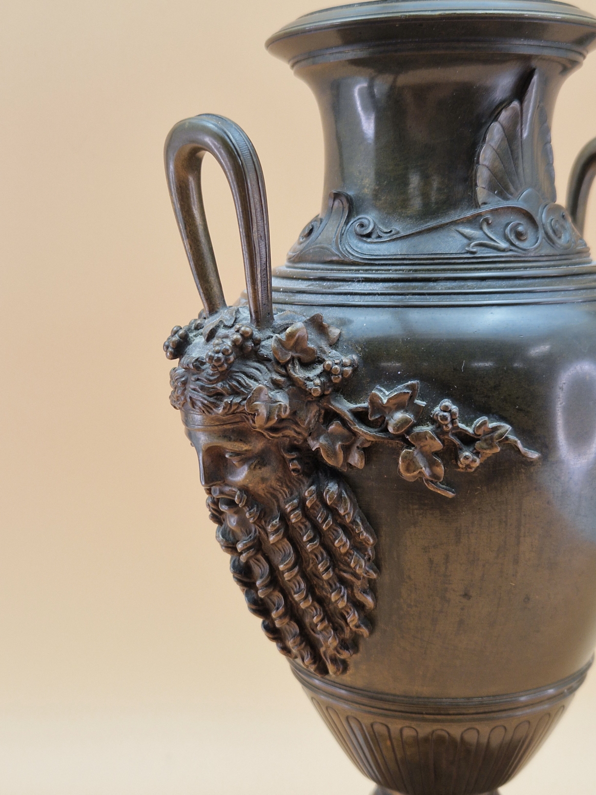 A BRONZE BALUSTER VASE, THE TWO HANDLES WITH BEARDED MASK TERMINALS, THE FOOT RESTING ON BLACK - Image 8 of 9