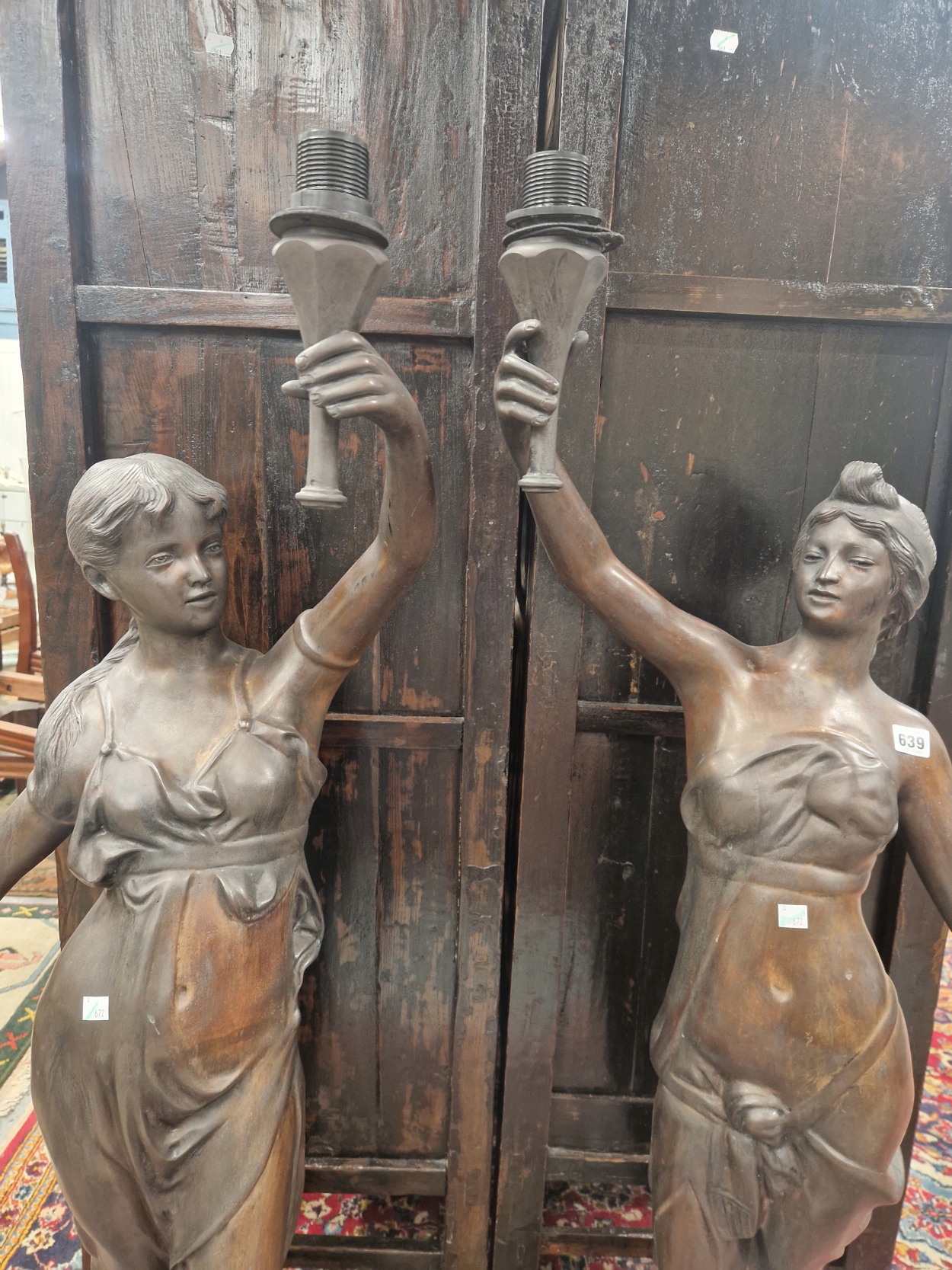 A PAIR OF BRONZE FIGURAL STANDARD LAMPS, EACH TORCH SHAPE HELD UP BY A SCANTILY DRAPED CLASSICAL - Image 3 of 20