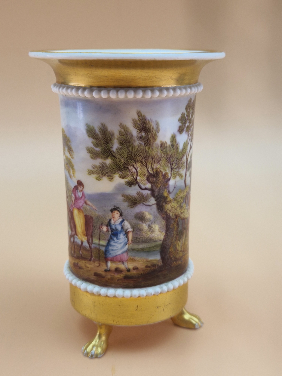 A DERBY HAND PAINTED SMALL SPILL VASE WITH FARMER AND WIFE, DONKEY, GOATS AND CATTLE BEFORE A - Image 4 of 6