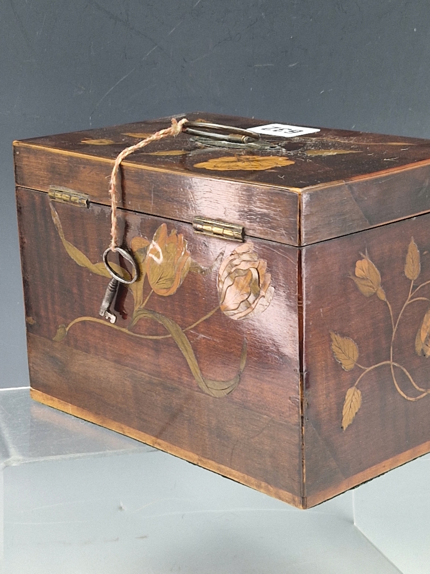 A FLORAL MARQUETRIED MAHOGANY PHARMACY CHEST CONTAINING EIGHT BOTTLES, THE BOX. W 18cms. - Image 6 of 8