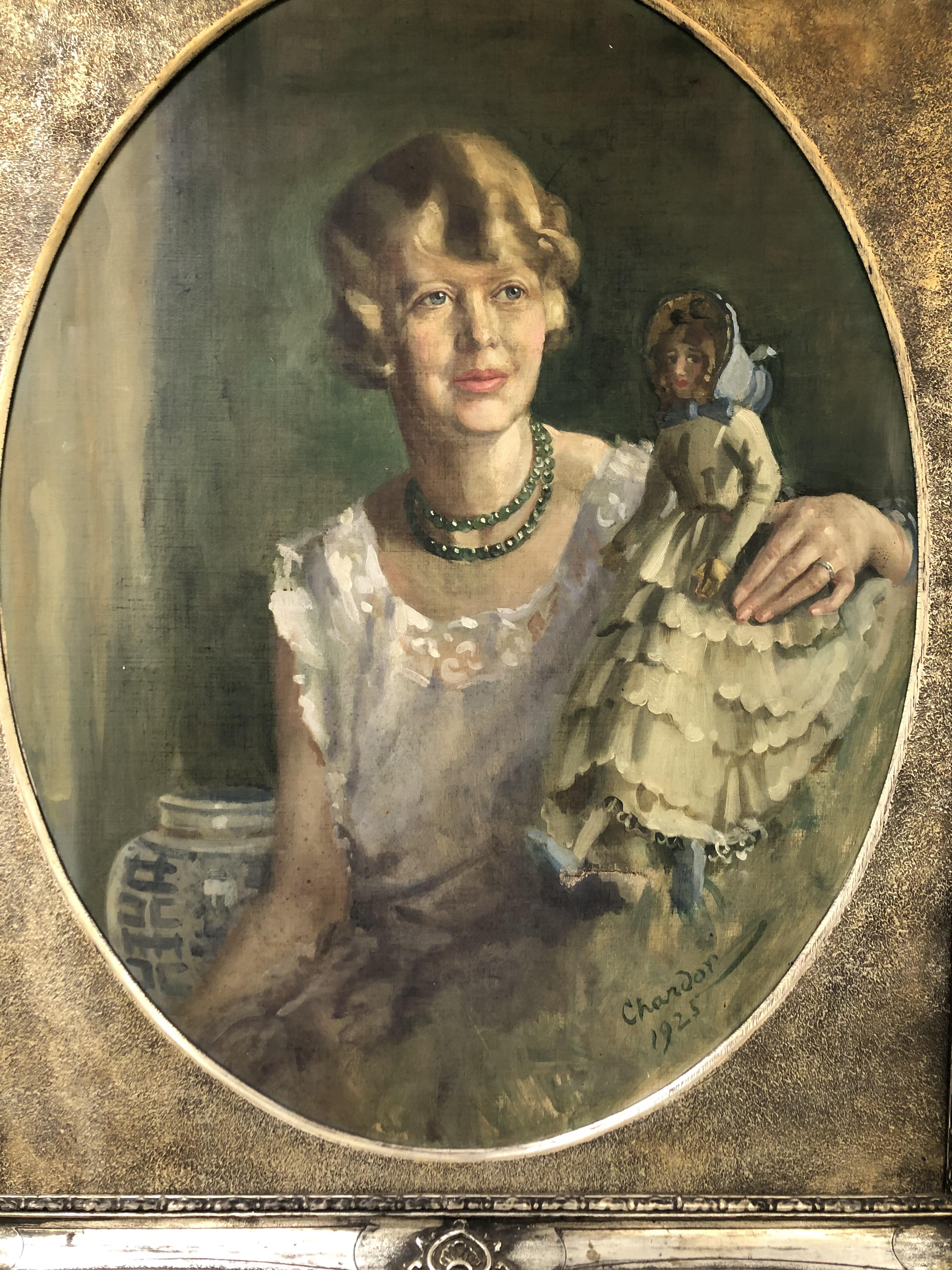 DOUGLAS GRANVILLE CHANDOR (1897-1953) PORTRAIT OF A LADY WITH HER DOLL. OIL ON CANVAS SIGNED L/R - Image 2 of 6