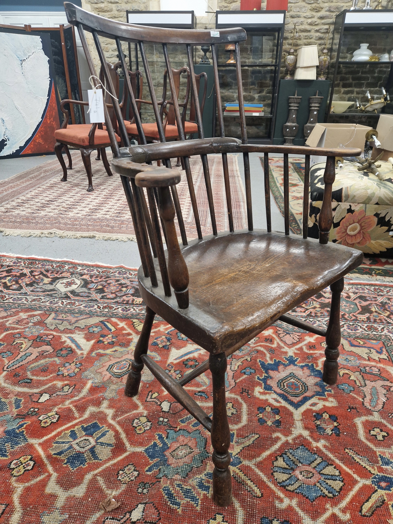 AN 18TH / 19TH CENTURY COUNTRY MADE WINDSOR TYPE STICK BACK CHAIR WITH PLAIN CREST RAIL AND SHAPED - Image 2 of 9